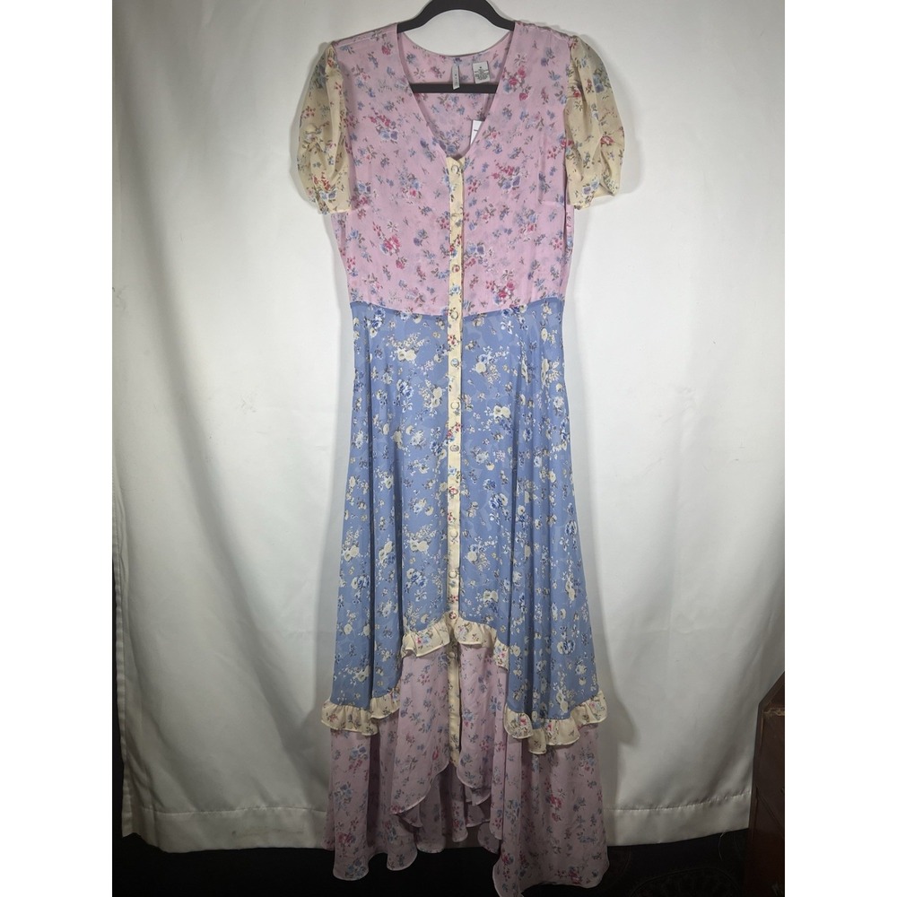 Evie Blue Pink Floral Patchwork Print Midi Dress Button CottageCore Feminine NWT